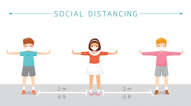 Concept De Distance Sociale, Enfants Portant Des Masques Chirurgicaux Debout Avec Distance, Protection Contre La Maladie à Coronavirus, Covid-19