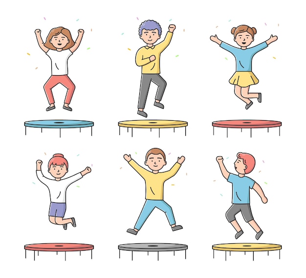 Concept De Divertissements Et De Sport. Ensemble D'adolescents Garçons Et Filles Sautant Sur Un Trampoline Dans Le Parc D'activités Ou Une Salle De Sport. Les Personnages Passent Un Bon Moment.