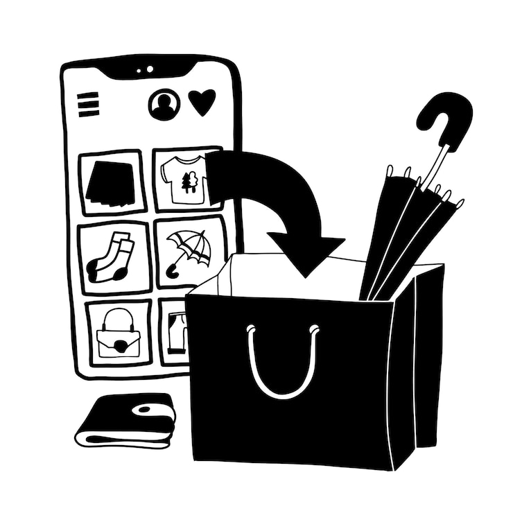 Vecteur concept de doodle d'achat en ligne. illustration avec un énorme téléphone portable et un sac en papier en noir et blanc.
