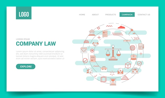 Vecteur concept de droit des sociétés avec icône de cercle pour le modèle de site web ou la page d'accueil de la page de destination