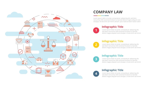 Vecteur concept de droit des sociétés pour la bannière de modèle infographique avec des informations de liste en quatre points