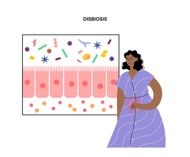 Vecteur concept de dysbiose de connexion cerveau-intestin microbiome dans le corps humain