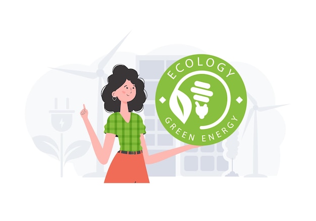 Vecteur le concept d'écologie et d'énergie verte la jeune fille tient le logo eco dans ses mains style tendance illustration vectorielle