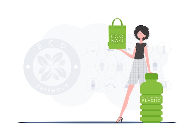 Le concept d'écologie et de protection de l'environnement Une femme tient un SAC ECO dans ses mains Illustration styleVector tendance
