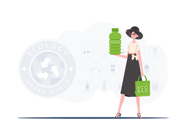 Le Concept D'écologie Et De Protection De L'environnement La Jeune Fille Tient Dans Ses Mains Une Bouteille En Plastique Biodégradable Illustration Stylevector Tendance