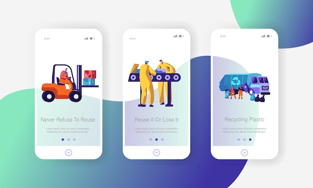 Concept écologique De Recyclage Des Déchets. Les Travailleurs Ramassent Les Déchets Dans Le Camion, Le Chariot élévateur Ensemble D'écran Intégré De La Page De L'application Mobile Du Processus De Travail De L'usine De Métallurgie
