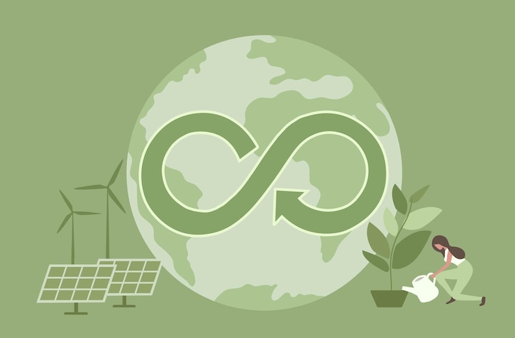 Vecteur concept d'économie circulaire mondial avec icône d'économie circulaire éoliennes et panneau solaire sustaina