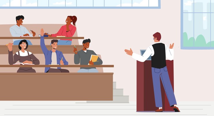 Vecteur concept d'éducation et d'étude personnages étudiants dans la salle de conférence processus d'apprentissage chez les universitaires et les enseignants