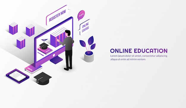 Concept D'éducation En Ligne Moderne Isométrique, Apprendre à La Maison à Domicile Par Cours En Ligne