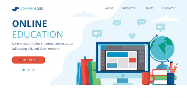 Concept d'éducation en ligne avec un ordinateur, des livres et un globe.