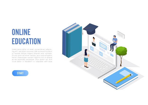 Concept d'éducation en ligne avec des personnages. Plat isométrique sur fond blanc.