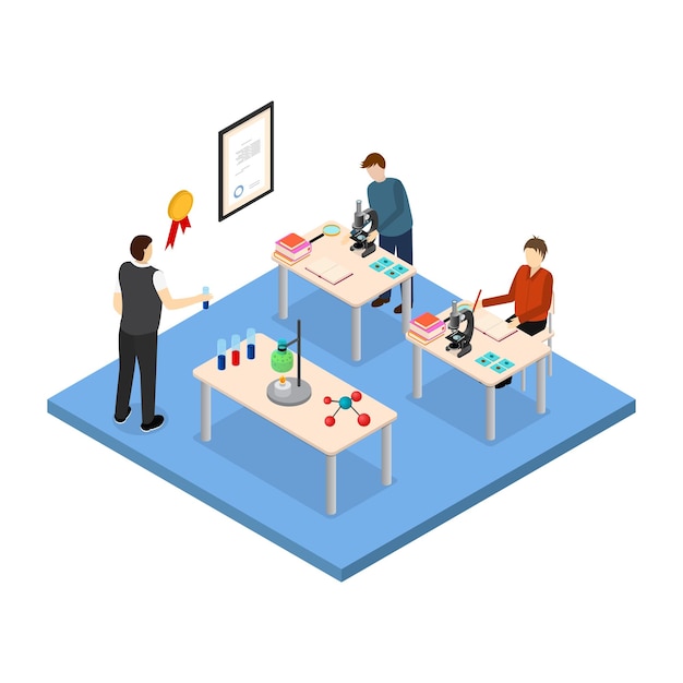 Concept d'éducation scolaire scène de vue isométrique 3d avec des enfants et des enseignants en classe de chimie illustration vectorielle
