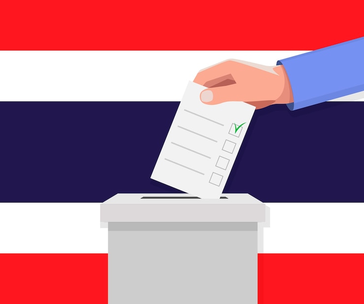 Vecteur concept d'élection en thaïlande la main met le bulletin de vote
