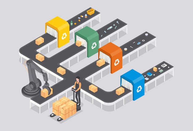 Le concept d'emballage des déchets, l'automatisation et les technologies modernes, la ceinture intelligente trient les déchets pour leur utilisation ultérieure.