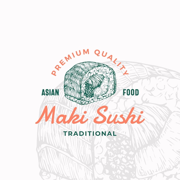 Concept D'emblème De Vecteur De Cuisine Asiatique Traditionnelle Cuisine Japonaise Symbole De Signe Abstrait Ou Modèle De Logo Rouleau De Sushi Dessiné à La Main Ou Maki Sushi Avec Typographie Isolée