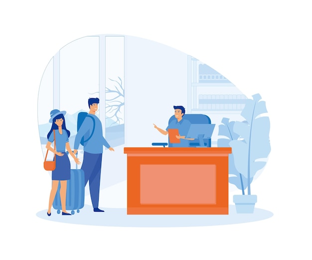 Concept d'emploi de réceptionniste Client consultant directeur à la réception Touristes s'enregistrant à l'hôtel debout au bureau dans le hall d'entrée illustration vectorielle moderne