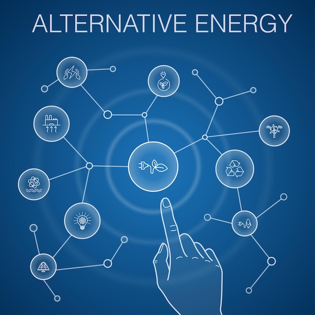 Concept D'énergie Alternative, Fond Bleu. énergie Solaire, énergie éolienne, énergie Géothermique, Icônes De Recyclage