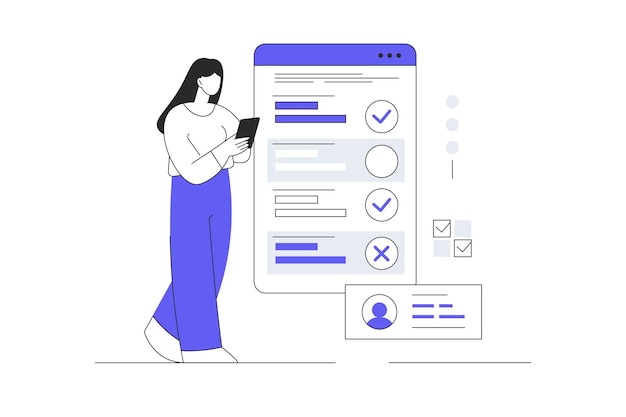 Concept d'enquête en ligne Femme Caractère Marquer une croix ou cocher dans le questionnaire ou le quiz sur la page Web téléphone