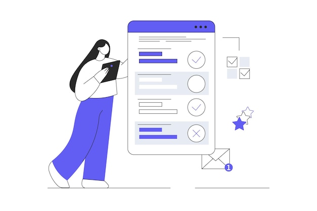 Concept d'enquête en ligne Femme Caractère marquer une croix ou cocher dans le quiz du questionnaire sur la page Web élégant
