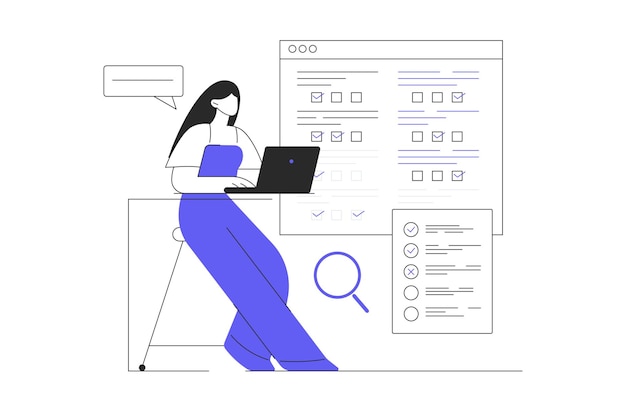 Concept d'enquête en ligne Formulaire de questionnaire d'opinion Femme Caractère Remplir les formulaires d'enquête En ligne