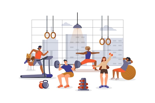 Vecteur concept d'entraînement de remise en forme avec scène de personnage pour le web les femmes et les hommes font du yoga soulevant des haltères en cours d'exécution sur tapis roulant dans la salle de gym situation des personnes au design plat illustration vectorielle pour le matériel marketing