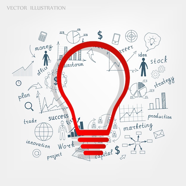 Concept d'entreprise Ampoule avec dessin idée de plan de stratégie de réussite commerciale Doodle