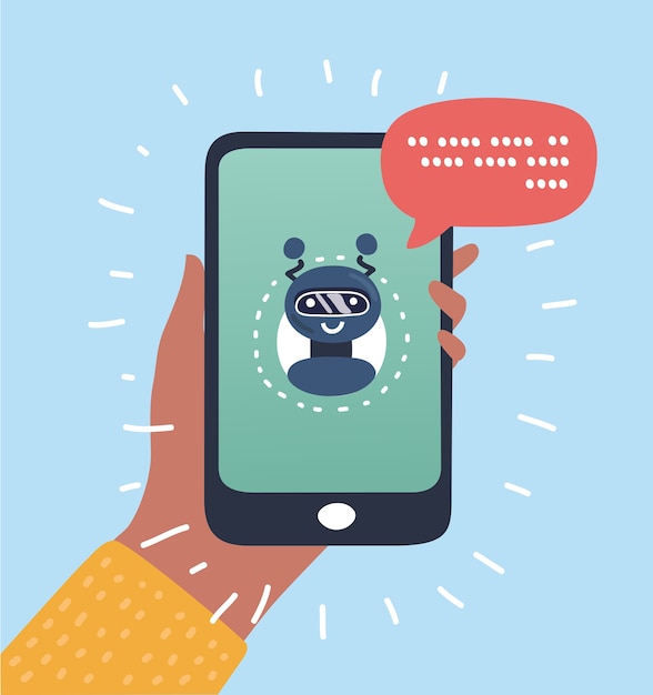 Concept d'entreprise Chatbot. User Girl discutant avec l'application mobile de robot. Concept de bot moderne. illustration.