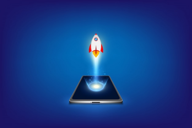 Concept d'entreprise de démarrage réussi. Le développement de projets. Lancement de fusée depuis un téléphone intelligent.