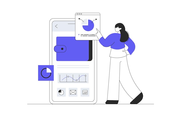 Concept d'entreprise numérique Femme analysant les données de l'entreprise gagnant de l'argent et travaillant dans une application mobile Flat