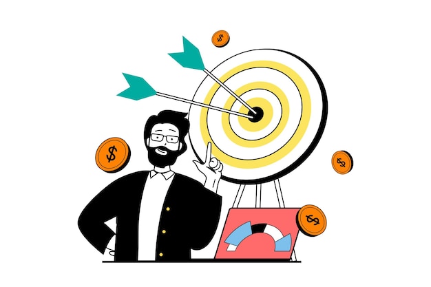 Concept d'entreprise numérique avec scène de personnes dans la conception de sites Web plats Homme ciblant les objectifs financiers et le succès en développant une société de commerce électronique Illustration vectorielle pour le matériel de marketing de bannière de médias sociaux