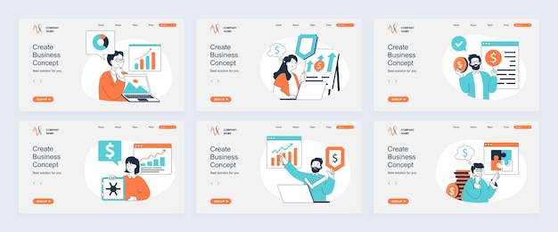Concept d'entreprise de page d'atterrissage avec des modèles de diapositives définis dans un design plat En-têtes de site Web avec des personnes brainstorming faire l'analyse créer une stratégie atteindre des objectifs financiers Illustrations vectorielles
