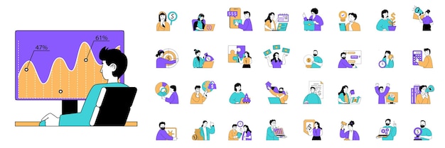 Concept d'entreprise avec des personnes situations méga établies dans la conception web plate Scènes de l'investissement travail d'équipe stratégie de succès autres illustrations vectorielles pour les médias sociaux matériel de marketing de bannière