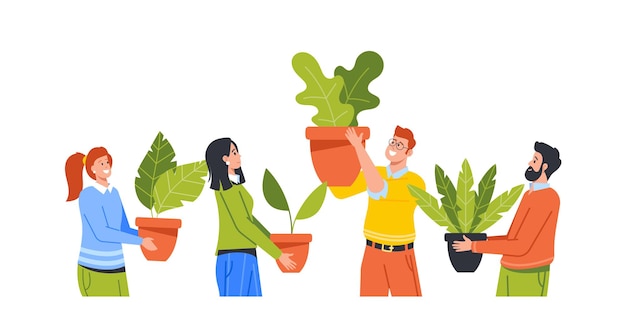 Concept D'environnement écologique Au Travail Avec Des Hommes Et Des Femmes D'affaires Heureux Tenant Des Plantes Vertes En Pot