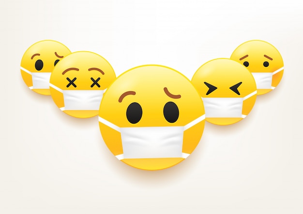 Concept d'épidémie de grippe. Groupe d'emoji avec masque