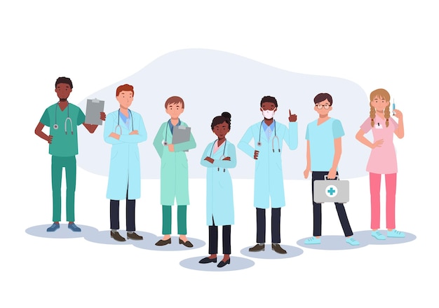 Vecteur concept d'équipe de personnel médical une équipe de médecins en uniforme debout ensemble illustration vectorielle