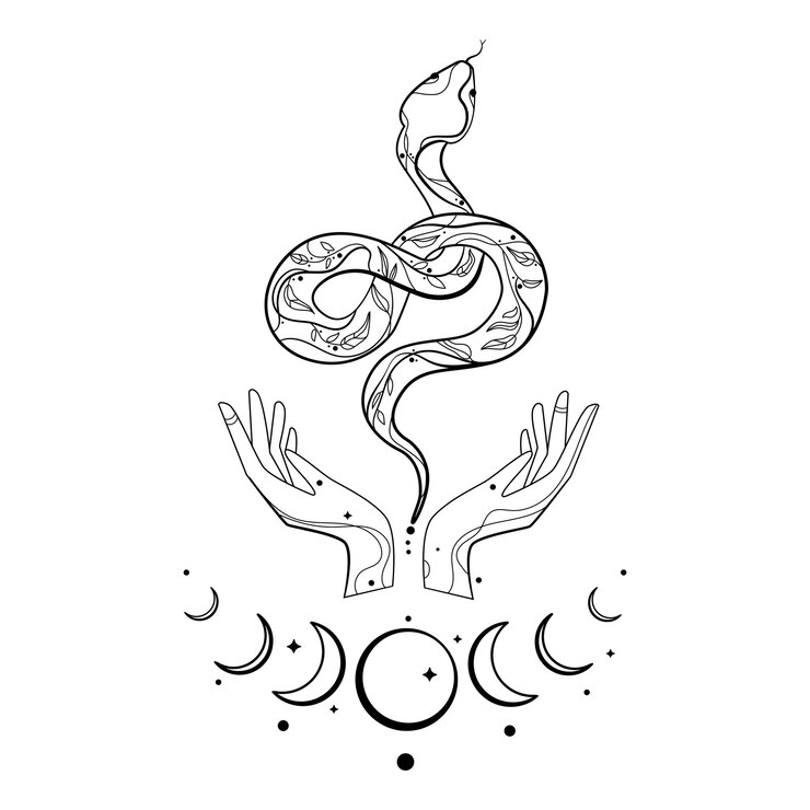 Vecteur concept d'ésotérique et d'astrologie serpent et mains avec croissant de lune vector