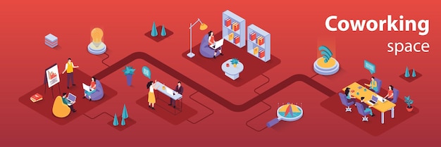 Concept d'espace de coworking Bannière web d'infographie isométrique 3d Les gens travaillent dans un bureau ouvert collaborent et organisent des conférences discutent et font des tâches Illustration vectorielle dans la conception graphique d'isométrie