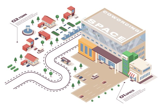 Concept d'espace de coworking Processus de flux de travail infographique web isométrique 3d Carte des infrastructures avec espace de travail bureau parking ville employés bâtiments Illustration vectorielle dans la conception graphique d'isométrie