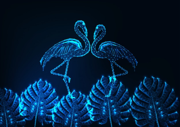 Concept d'été tropical avec couple poly basse rougeoyante de flamants roses et monstera feuilles sur bleu foncé.