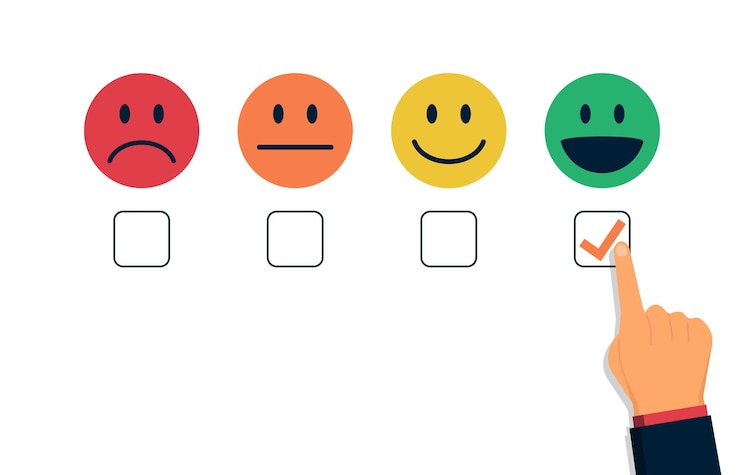 Vecteur concept d'évaluation de la satisfaction du client avec la main en choisissant l'une des illustrations de la case à cocher.