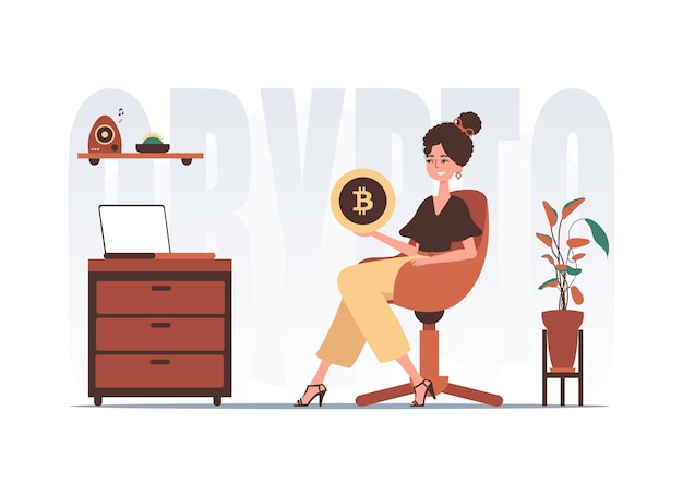 Le concept d'exploitation minière et d'extraction de bitcoin Une femme est assise sur une chaise et tient un bitcoin sous forme de pièce dans ses mains Caractère avec un style moderne