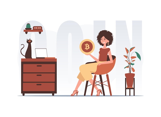 Le concept d'exploitation minière et d'extraction de bitcoin Une femme est assise sur une chaise et tient un bitcoin sous forme de pièce dans ses mains Un personnage dans un style à la mode