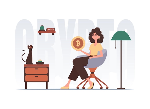 Le concept d'exploitation minière et d'extraction de bitcoin Une femme est assise sur une chaise et tient une pièce de bitcoin dans ses mains Un personnage dans un style moderne et à la mode