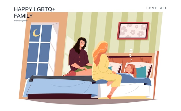 Concept De Famille Lgbt Heureux Les Femmes Mères Mettent Leur Petite Fille Au Lit à La Maison