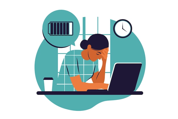 Concept De Fatigue Femme Gestionnaire De Syndrome D'épuisement Professionnel Assis Au Vecteur De Bureau