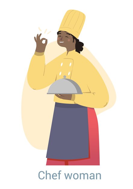 Vecteur concept de femme chef jeune personnage féminin tient un plateau avec un plat délicieux personne cuisine dans un restaurant