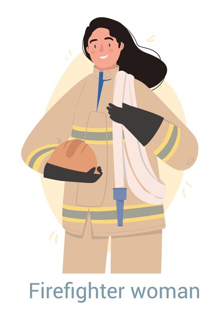 Vecteur concept de femme pompier personnage féminin en combinaison de protection tient un casque et un tuyau d'eau