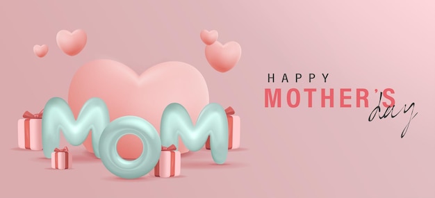 Concept de fête des mères heureux 3D pour carte de voeux et mots de ballon de maman de modèle avec des boîtes-cadeaux