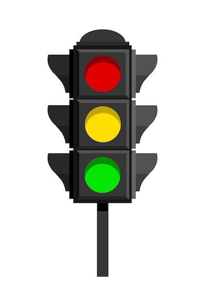 Concept de feux de circulation avec des feux rouges, jaunes et verts allumés pour les conducteurs isolés sur fond blanc