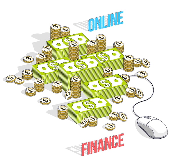 Concept de finance en ligne, paiements en ligne, revenus sur Internet, banque en ligne, piles d'argent en espèces avec souris d'ordinateur connectées à des piles. Illustration vectorielle isométrique des affaires et des finances.